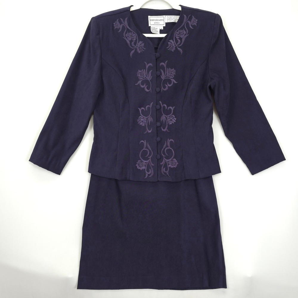 Karin Stevens Petites‎ Skirt Suit Set Women 12P Purple Embroidered Jacket VTG